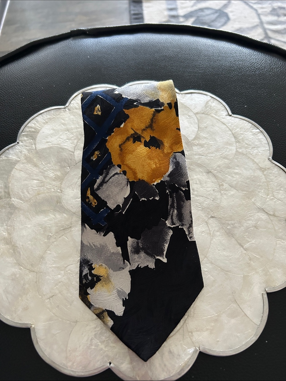 Men's Black Silk Tie with Gold and Blue Abstract Pattern